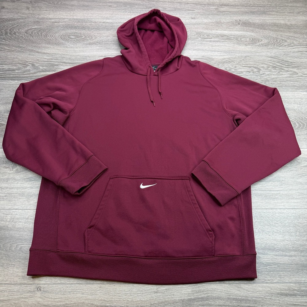 Nike Therma Fit Hoodie Mens XL Maroon Center Swoosh Pullover Fleece Sweatshirt